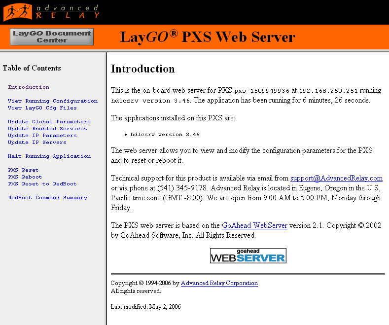 PXS GoAhead Web Server Main Page