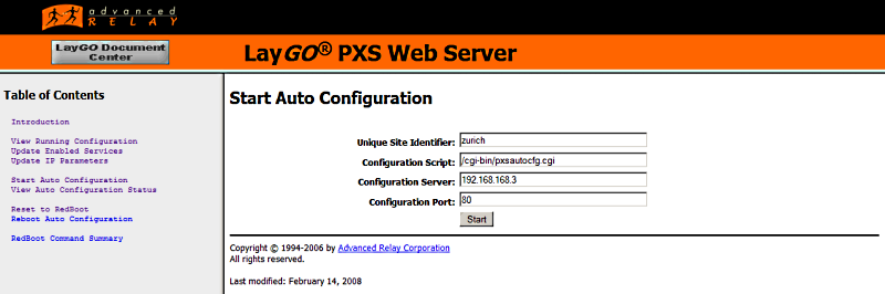 PXS Auto Configuration Start Page