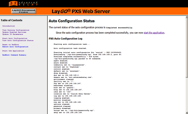 PXS Auto Configuration Status Page